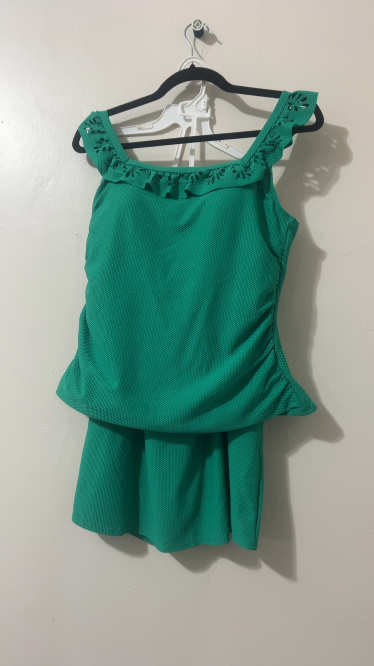 susan graver green 2-piece swimsuit tankini top & swim skirt size 12